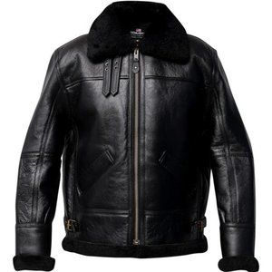 Men B3 Bomber Aviator Shearling Sheepskin Leather Winter Jacket, Black